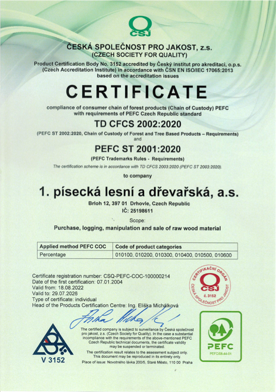 Certifikát PEFC COC